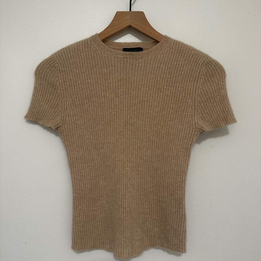 House of Harlow 1960 | Women's 100% Cashmere Tan Rib Short Sleeve Sweater Top, S